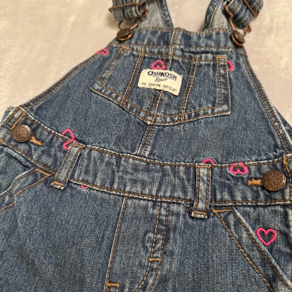 OshKosh B'Gosh Overalls Baby Girls 12 Month‎ Denim Vestbak Pink Heart Blue Denim